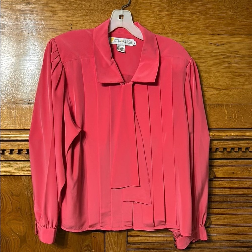 Chaus Vintage 80s Pink Pleated Tie Neck Blouse Long Sleeve Button Cuff Size 12